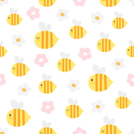 Bee and flower seamless background repeating pattern, wallpaper background, cute seamless pattern backgroundのイラスト素材