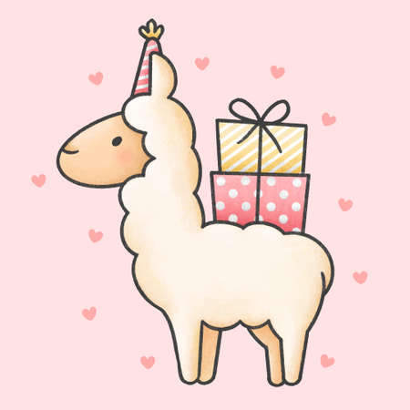 Cute llama and gift boxes cartoon animal character vector. Cartoon character design.のイラスト素材
