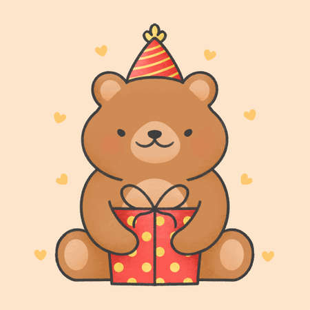 Lovely bear and gift box cartoon animal character vector. Cartoon character design.のイラスト素材