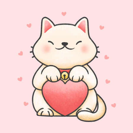 Cute cat holding heart hand drawn cartoon animal character. Hand drawing vector. Cartoon character design.のイラスト素材