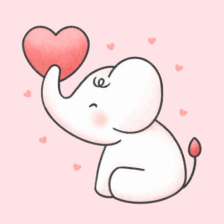 Cute elephant holding heart hand drawn cartoon animal character. Hand drawing vector. Cartoon character design.のイラスト素材