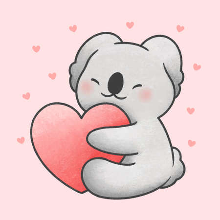 Cute koala bear hugging heart hand drawn cartoon animal character. Hand drawing vector. Cartoon character design.のイラスト素材