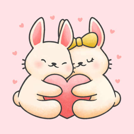 Cute rabbit couple hugging heart hand drawn cartoon animal character. Hand drawing vector. Cartoon character design.のイラスト素材