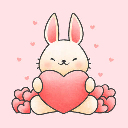 Cute rabbit hugging heart hand drawn cartoon animal character. Hand drawing vector. Cartoon character design.のイラスト素材
