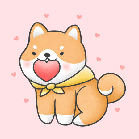 Cute shiba inu dog holding heart hand drawn cartoon animal character. Hand drawing vector. Cartoon character design.のイラスト素材