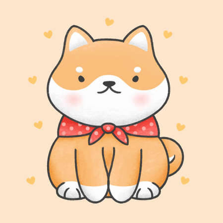 Cute shiba inu dog sitting hand drawn cartoon animal character. Hand drawing vector. Cartoon character design.のイラスト素材