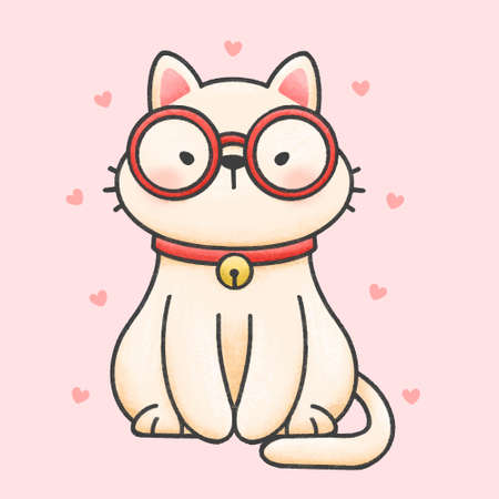 Cute cat wear glasses hand drawn cartoon animal character. Hand drawing vector. Cartoon character design.のイラスト素材