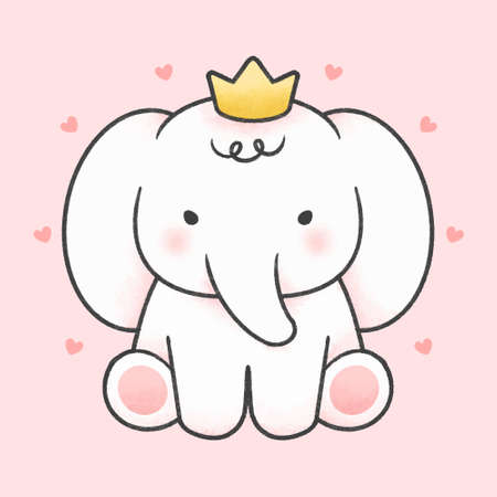 Cute elephant wear crown hand drawn cartoon animal character. Hand drawing vector. Cartoon character design.のイラスト素材