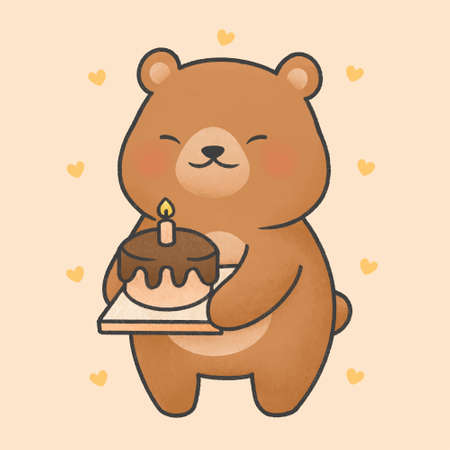 Cute bear with birthday cake hand drawn cartoon animal character. Hand drawing vector. Cartoon character design.のイラスト素材