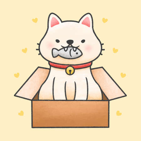 Cute cat holding fish in a box hand drawn cartoon animal character. Hand drawing vector. Cartoon character design.のイラスト素材