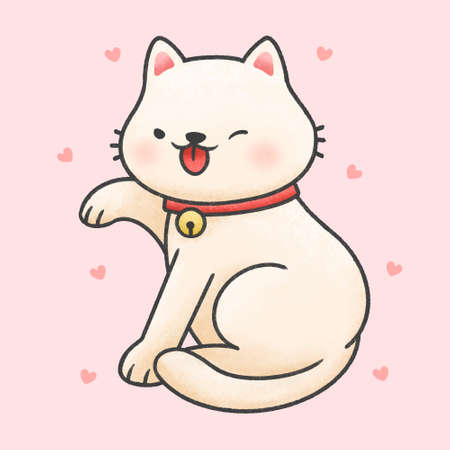 Cute cat licking paw hand drawn cartoon animal character. Hand drawing vector. Cartoon character design.のイラスト素材