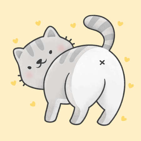 Cute cat looking back hand drawn cartoon animal character. Hand drawing vector. Cartoon character design.のイラスト素材