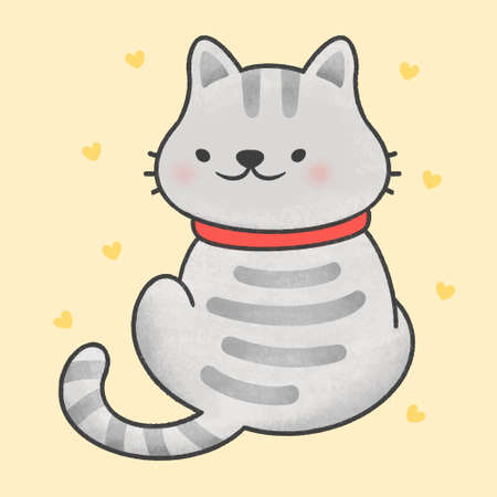 Cute cat sitting back hand drawn cartoon animal character. Hand drawing vector. Cartoon character design.のイラスト素材