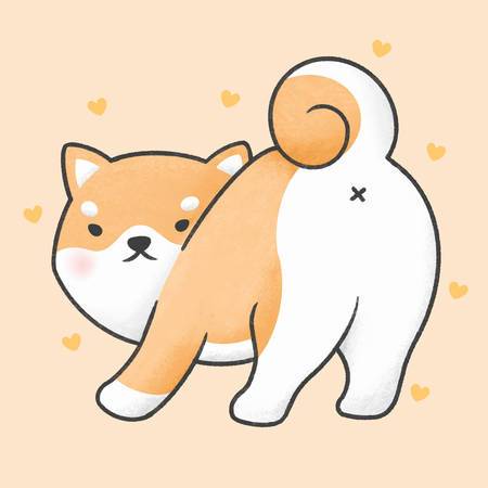 Cute shiba inu dog looking back hand drawn cartoon animal character. Hand drawing vector. Cartoon character design.のイラスト素材
