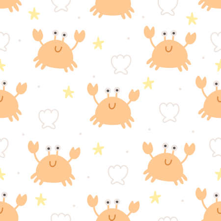 Crab and shell seamless background repeating pattern, wallpaper background, cute seamless pattern backgroundのイラスト素材