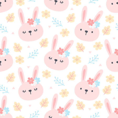 Cute rabbit and floral seamless background repeating pattern, wallpaper background, cute seamless pattern backgroundのイラスト素材