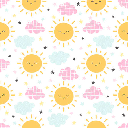Sun with clouds and stars seamless background repeating pattern, wallpaper background, cute seamless pattern backgroundのイラスト素材