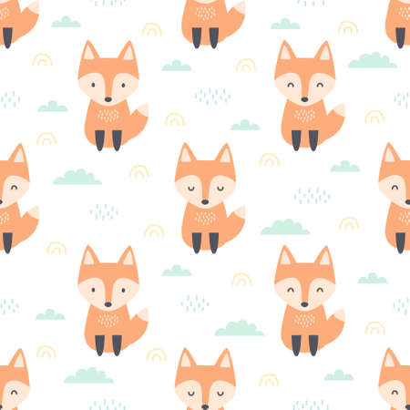 Orange red fox sitting on the field seamless background repeating pattern, wallpaper background, cute seamless pattern backgroundのイラスト素材