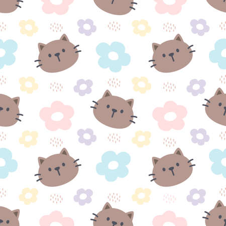 Cat and flowers seamless background repeating pattern, wallpaper background, cute seamless pattern backgroundのイラスト素材