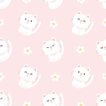 Cute cat and flowers seamless background repeating pattern, wallpaper background, cute seamless pattern backgroundのイラスト素材