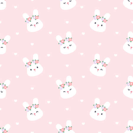 Cute bunny with flower crown seamless background repeating pattern, wallpaper background, cute seamless pattern backgroundのイラスト素材