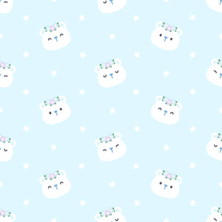 Cute bear with flower crown seamless background repeating pattern, wallpaper background, cute seamless pattern backgroundのイラスト素材