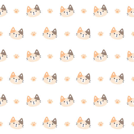 Cute kitty cat and paws footprint seamless background repeating pattern, wallpaper background, cute seamless pattern backgroundのイラスト素材