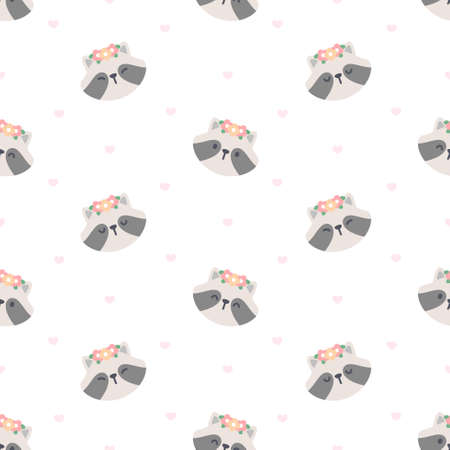 Cute raccoon with flower crown seamless background repeating pattern, wallpaper background, cute seamless pattern backgroundのイラスト素材