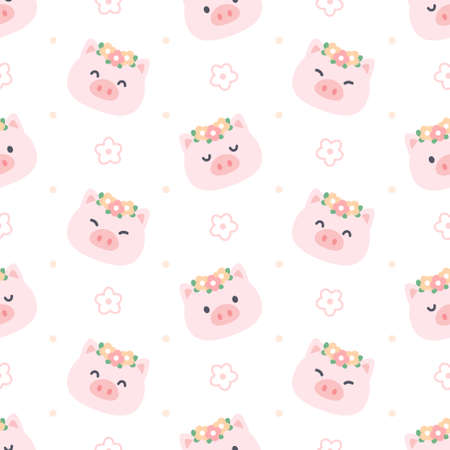 Cute pig with flower crown seamless background repeating pattern, wallpaper background, cute seamless pattern backgroundのイラスト素材