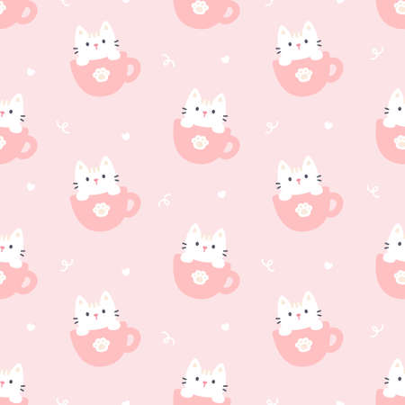 Cute cat in a cup of coffee seamless background repeating pattern, wallpaper background, cute seamless pattern backgroundのイラスト素材