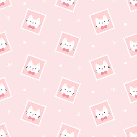 Cute cat postage stamp seamless background repeating pattern, wallpaper background, cute seamless pattern backgroundのイラスト素材