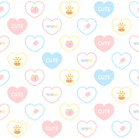 Cute giraffe and pastel heart seamless background repeating pattern, wallpaper background, cute seamless pattern backgroundのイラスト素材