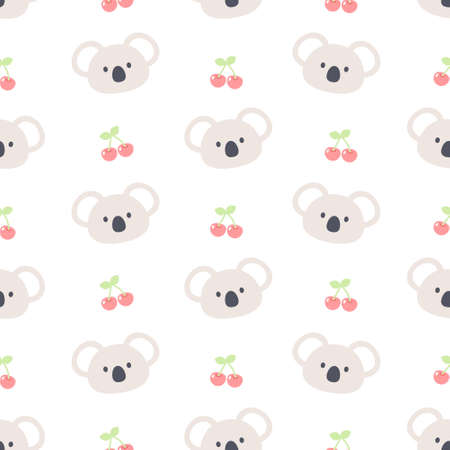 Cute koala bear and cherry seamless background repeating pattern, wallpaper background, cute seamless pattern backgroundのイラスト素材