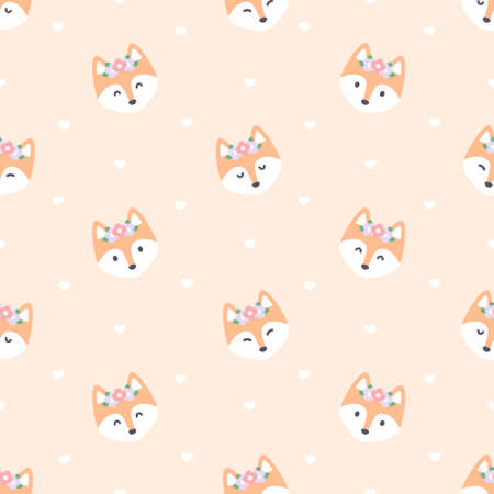 Cute red fox with flower crown seamless background repeating pattern, wallpaper background, cute seamless pattern backgroundのイラスト素材