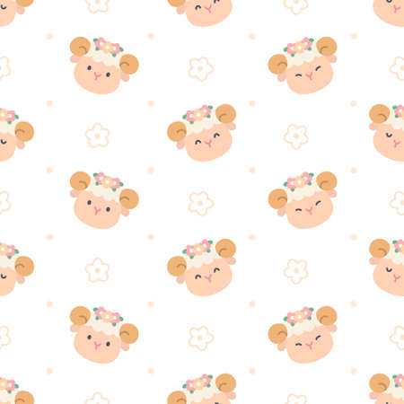 Cute sheep with flower crown seamless background repeating pattern, wallpaper background, cute seamless pattern backgroundのイラスト素材