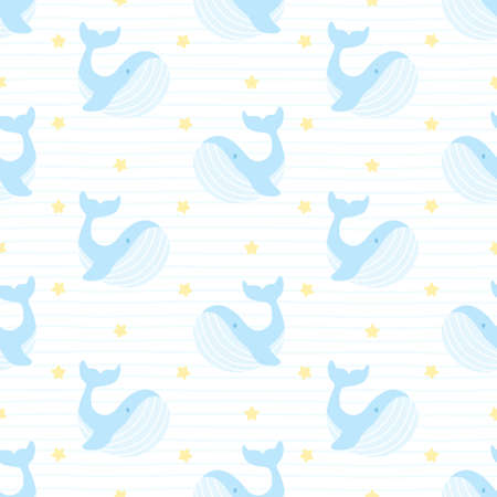 Cute whale and star seamless background repeating pattern, wallpaper background, cute seamless pattern backgroundのイラスト素材
