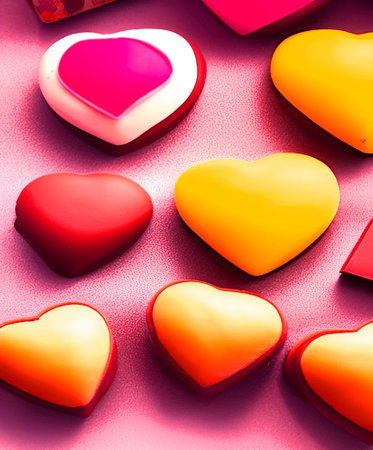 Valentine's Day background with red and yellow hearts on pink backgroundの写真素材