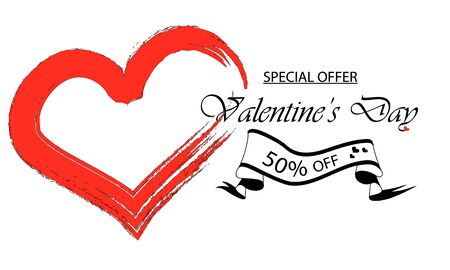 Happy Valentine's Day sale banner. Vector illustration with red and black elements on white background. Promo discount banner. 50% off banner.のイラスト素材