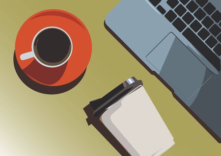 Two cups of coffee and some part notebook, top view on the table, flat line vector and illustration.のイラスト素材