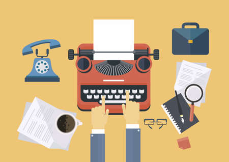 Concept idea equipments and typewriter for workspace of writer or journalist, flat line vector and illustration.のイラスト素材