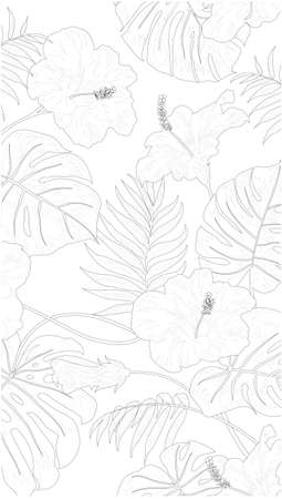 Seamless black lined pattern tropical leaves of trees and flowers on white background, flat line vector and illustration.のイラスト素材