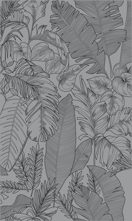 Black lines pattern of tropical leaves pattern style on gray background, flat line vector and illustration.のイラスト素材