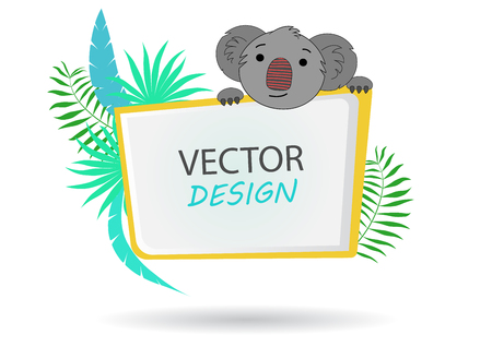 Vector banner with koala. Tropical banner. Frame for text with a cartoon animal koala. Banner with palm leaves. Cute print. Frame design for text.のイラスト素材