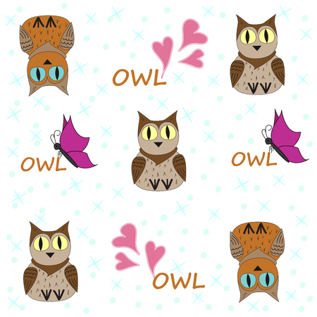 Vector seamless pattern with owls, butterflies and hearts. Illustration of a cartoon owl. Cartoon print. Vector illustration.のイラスト素材