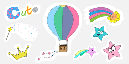 A set children magic stickers. A set of stickers for printing (crown, magic wand, star, rainbow, flower, balloon, cute inscription). Vector illustration.のイラスト素材