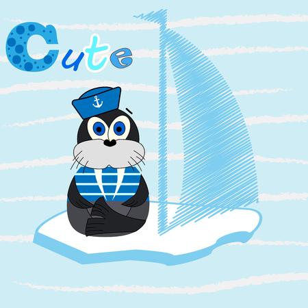 Vector illustration of a cartoon walrus dressed as a sailor. Illustration of a ice ship. Vector textile fabric print. Greeting card designのイラスト素材