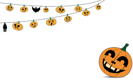 Vector template for banner. Halloween banner with cartoon pumpkins and garlands. Cartoon print.のイラスト素材