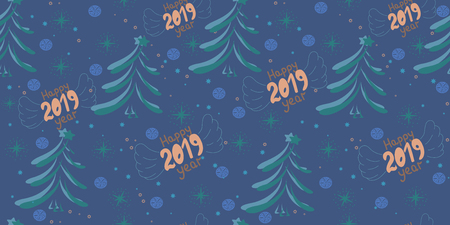 Vector seamless Christmas pattern with the inscription 2019 and new year, christmas tree. New 2019 year. Patern with the stars, snowflakes, congratulations. The template for the cover fabric, book.のイラスト素材