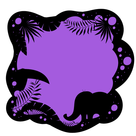 Vector baby frame for your text. Frame for text with leaves of palm trees, elephant and toucan. Banner with palm leaves.のイラスト素材