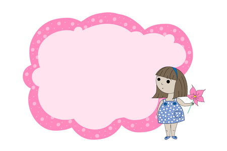 Frame for text with a cartoon girl. Children's frame for text. Banner for children's clothing store. Banner template for kids.のイラスト素材
